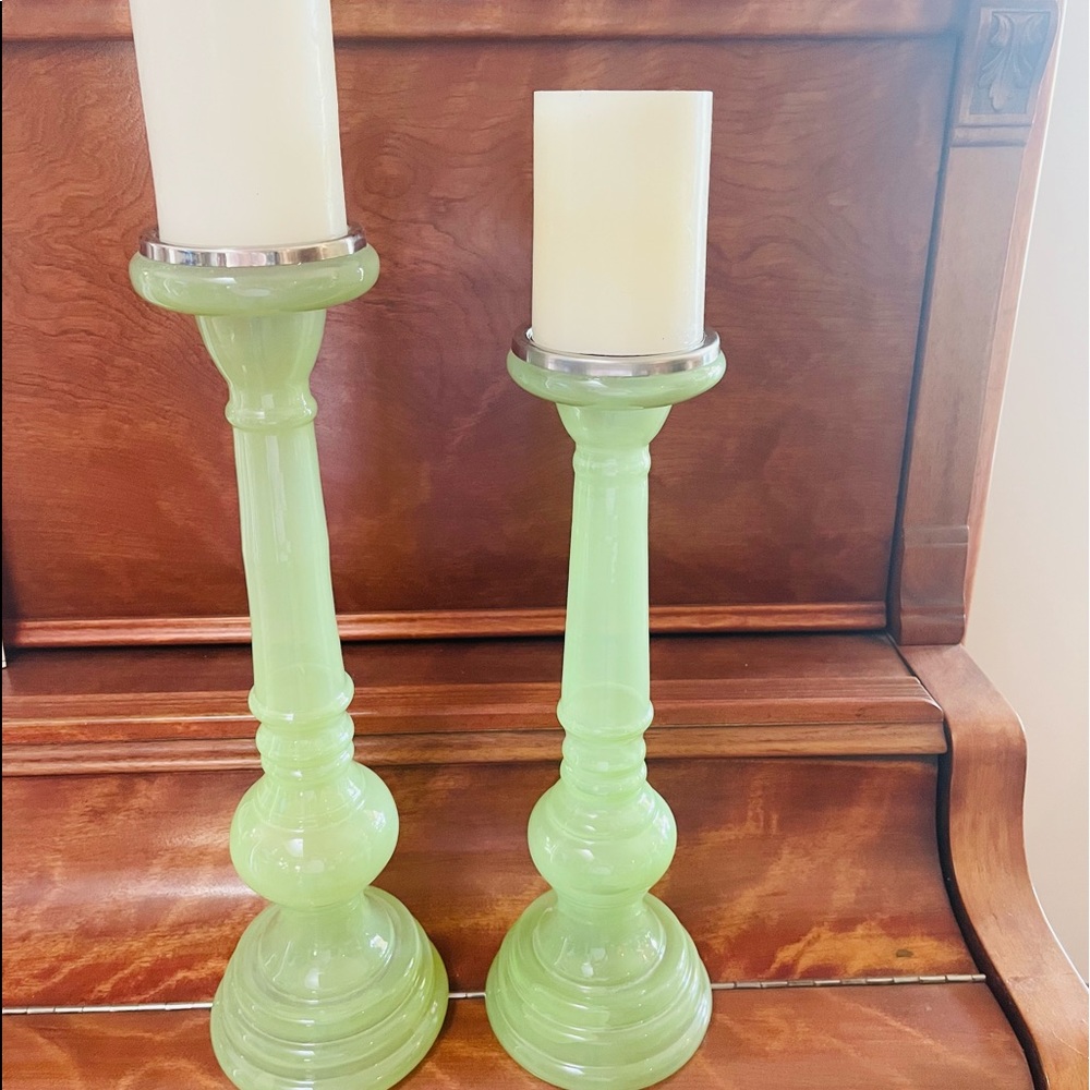 Pair of Green Glass Candle Holders